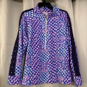 Lilly Pulitzer half zip popover with crochet sleeve lines